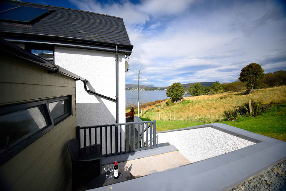 Our Self Catering Accommodation near Portree features a private sea view outside seating area
